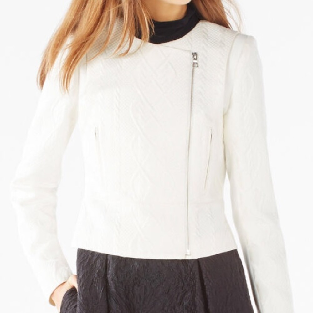 BCBG Bradlee Cable Jaquard Peplum Moto Jacket